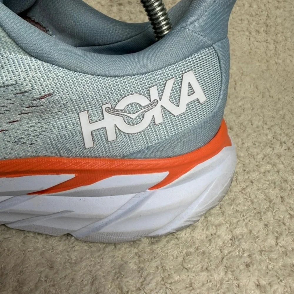 Hoka One One Clifton 8 Blue Fog Orange Running Shoes 1119394 BFPA Womens 9.5 B